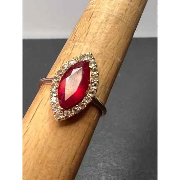 Marquis Ruby and white zircon halo ring in rose gold over sterling silver size 9 - Picture 11 of 11